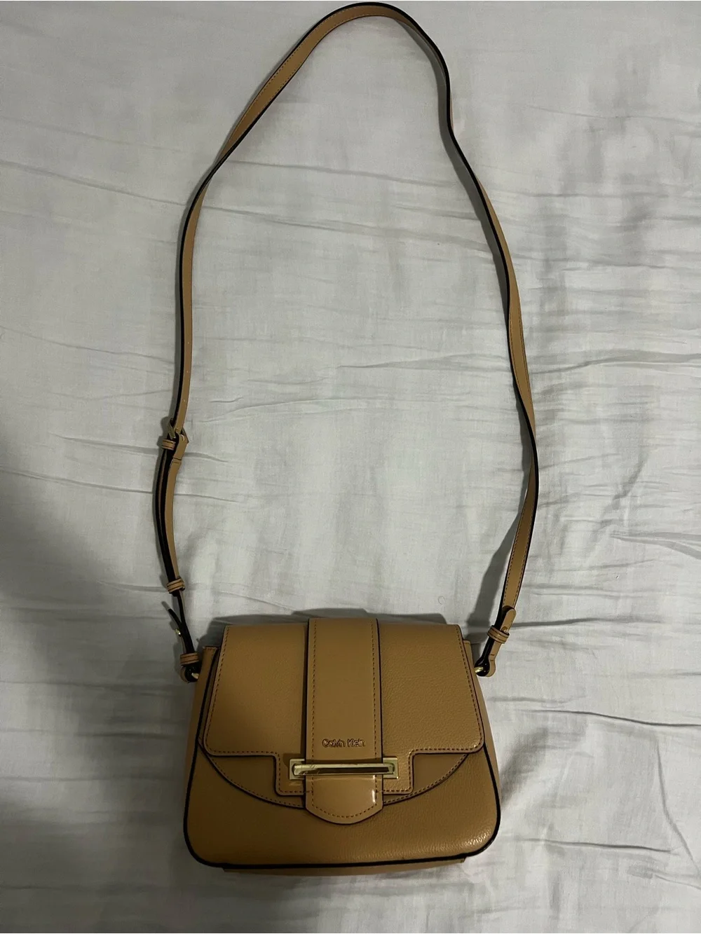 Calvin Klein Tan Faux Leather Crossbody with Gold Accent